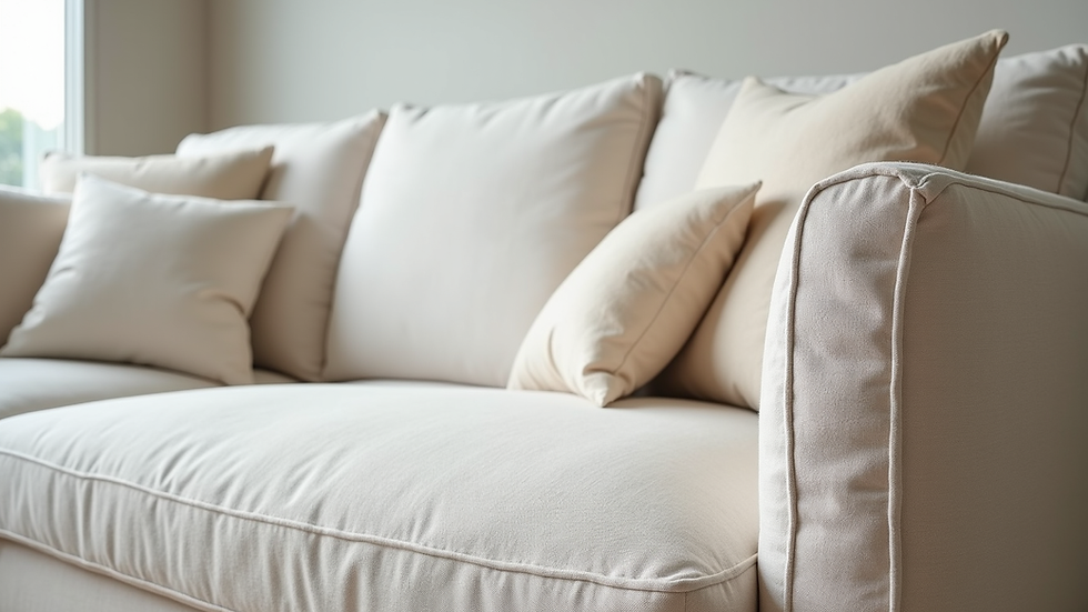 Close-up view of a coastal sofa upholstered in soft linen fabric