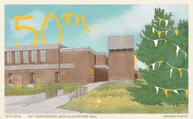 Drawn image of Haynes Hall at Montana State University with additional decorative elements