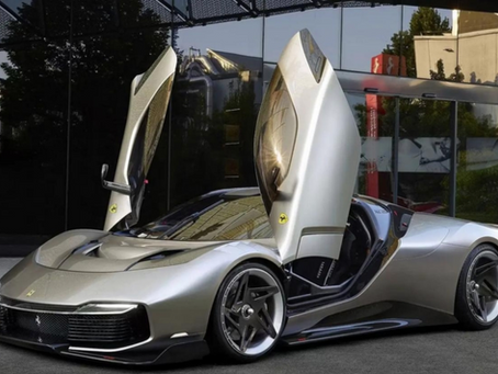 Golden Ferrari KC23 hypercar with mirror-like Gold Mercury finish on display—symbolizing handcrafted design, exclusivity, and divine purpose.