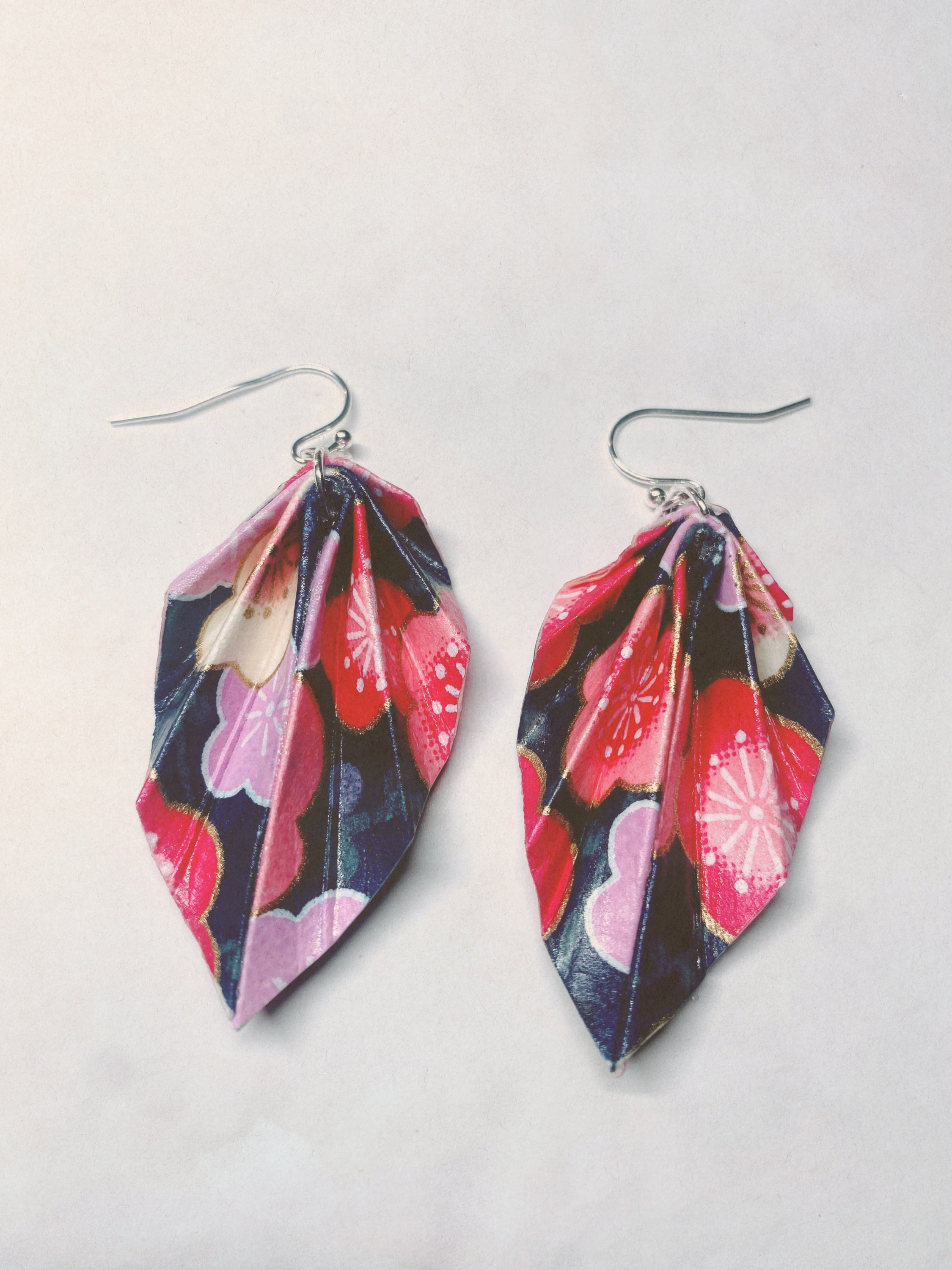 Leaf Earrings. Pink, White & Navy Blue