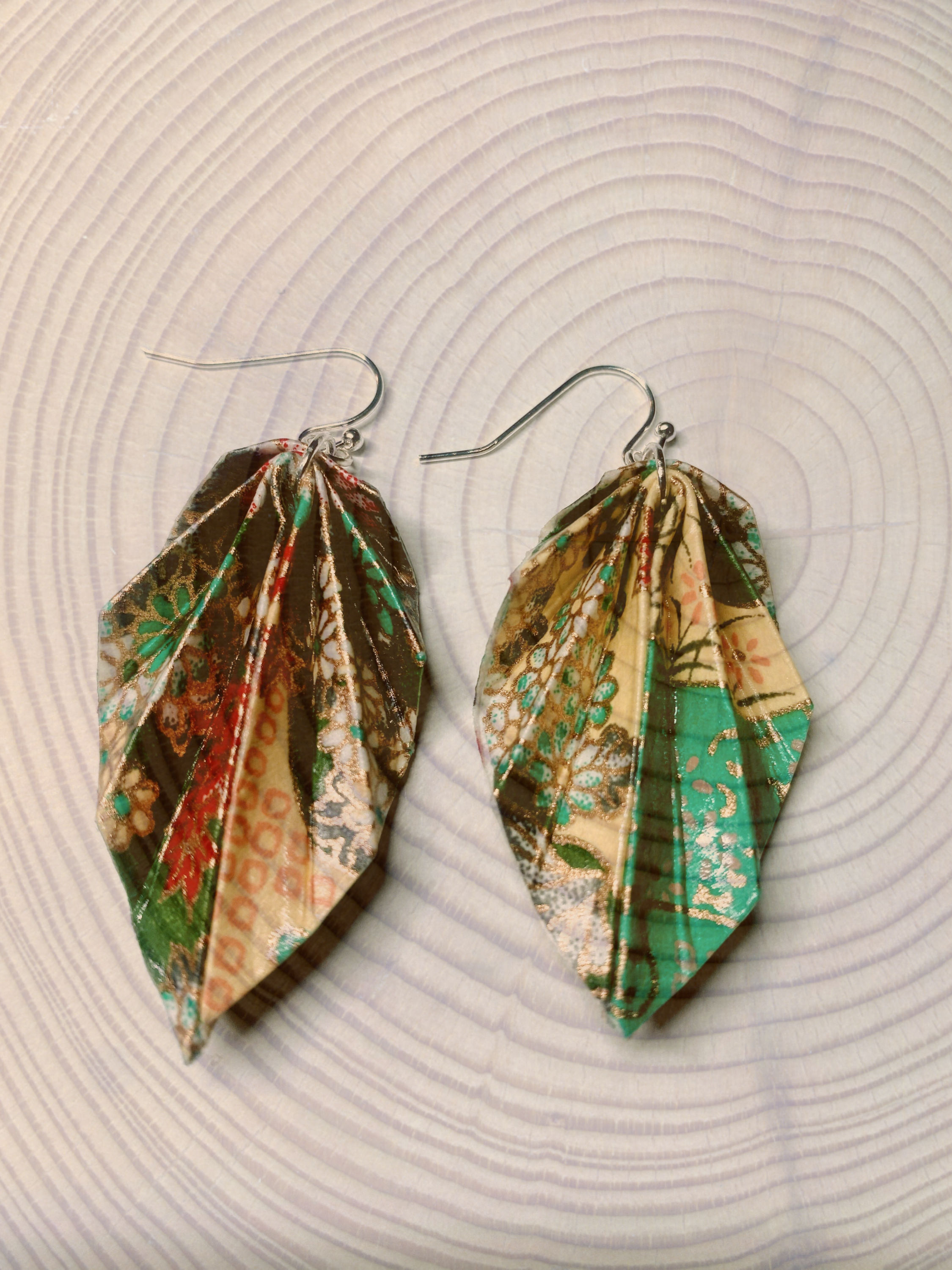 Leaf Earrings. Teal, Red& Cream