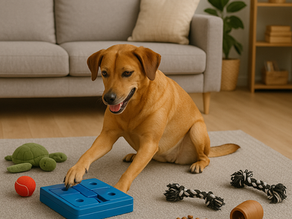 Cão em ambiente doméstico usando brinquedo interativo para estimular mente e reduzir ansiedade