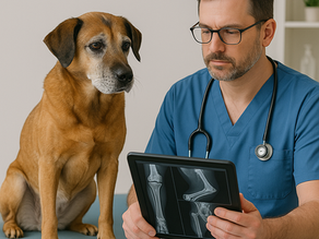 Cão em clínica veterinária sendo avaliado com exames laboratoriais e de imagem antes da fisioterapia