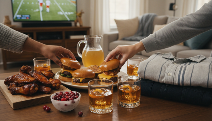 Wide-angle view of a fall entertaining table with whiskey cocktails, grilled food, and game day plates.