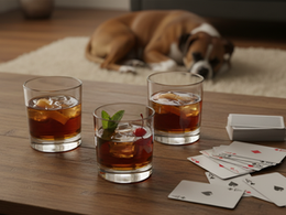 Eye-level view of bourbon cocktails on a coffee table beside playing cards and a sleeping boxer dog.