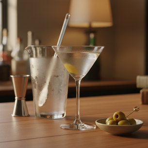 Eye-level view of a chilled Martini glass on a home bar with olives and a lemon twist nearby