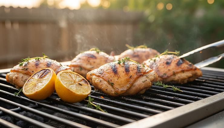 Close-up view of lemon herb chicken thighs sizzling on grill grates with fresh thyme nearby.