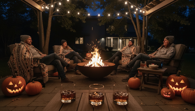 Wide-angle view of adults around a backyard firepit with Halloween decorations, blankets, tumblers, and a speaker