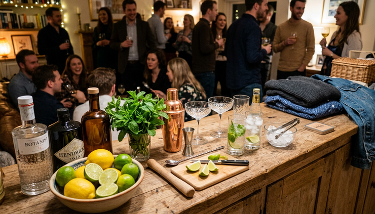 Wide-angle view of a relaxed home bar setup with gin bottles, citrus, tools, and casual apparel nearby.