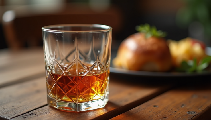 Eye-level view of a glass of bourbon with a wooden table and meal setting in the background