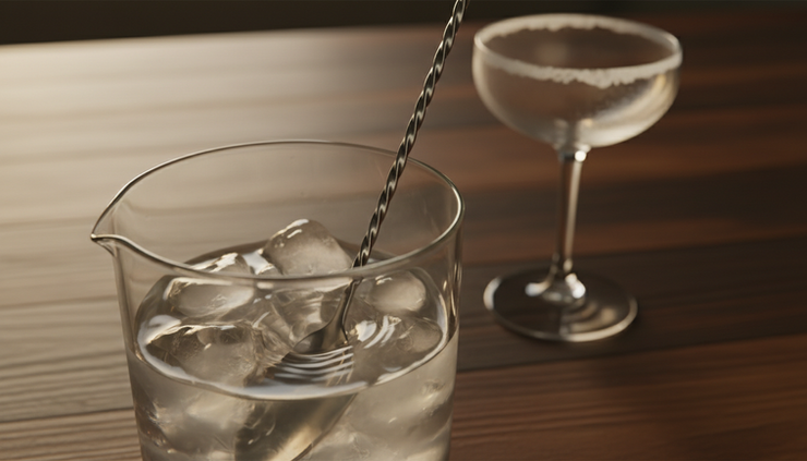 Close-up view of a mixing glass filled with ice, gin, and vermouth beside a bar spoon