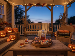 Wide-angle view of a Halloween porch with bourbon glasses, candy bowls, pumpkins, and cozy hoodies near the door