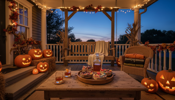 Wide-angle view of a Halloween porch with bourbon glasses, candy bowls, pumpkins, and cozy hoodies near the door