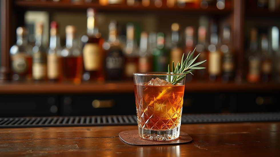 Eye-level view of a vintage bar setting with whiskey bottles and an Old Fashioned cocktail