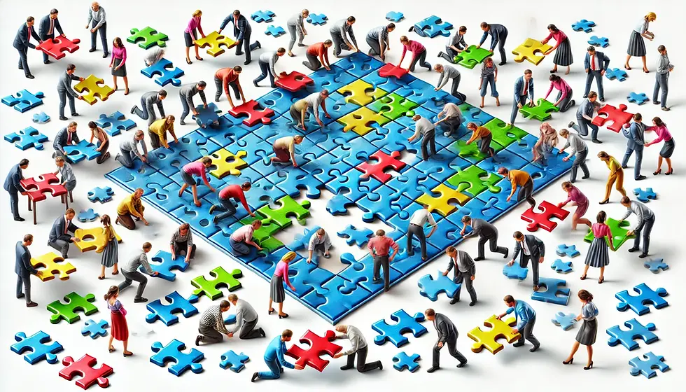 Groups of friends building a puzzle together