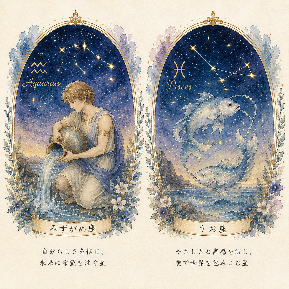 水瓶座と魚座の水彩風イラスト