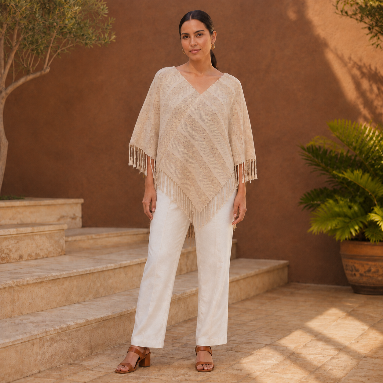 Poncho bicolor de telar con deshilado artesanal