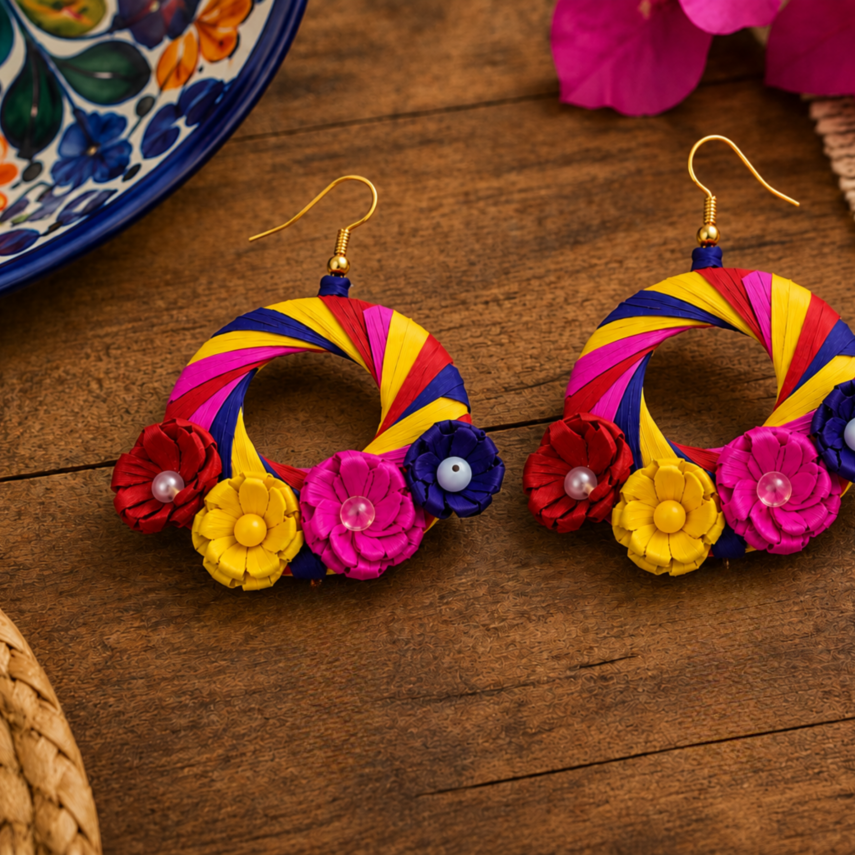 Aretes florales tejidos multicolor