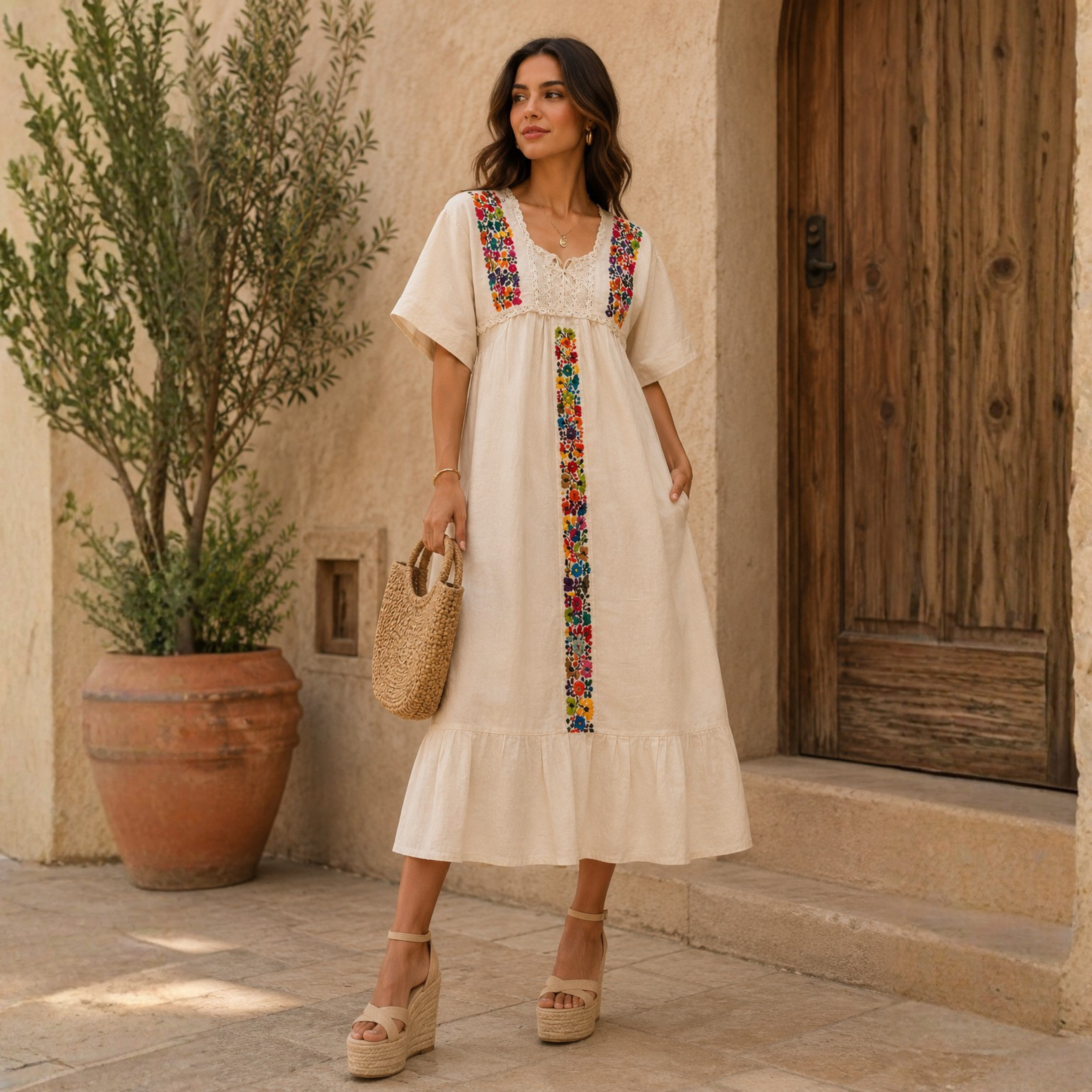 Vestido crudo con bordado multicolor