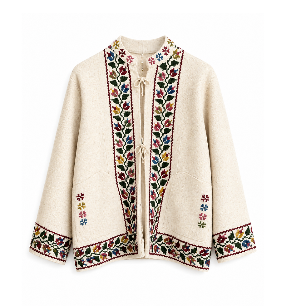 Abrigo artesanal beige con detalles multicolor