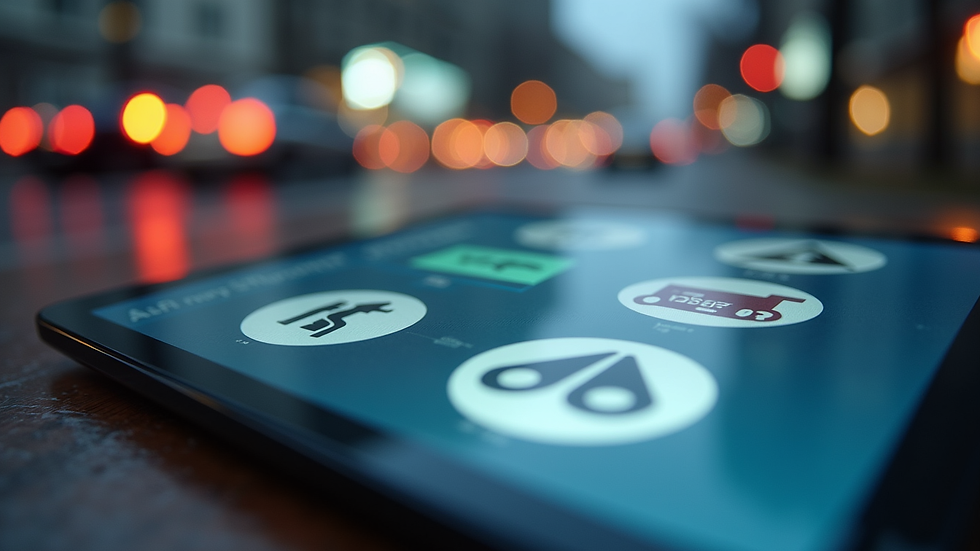 Close-up view of a digital tablet displaying traffic signs and rules