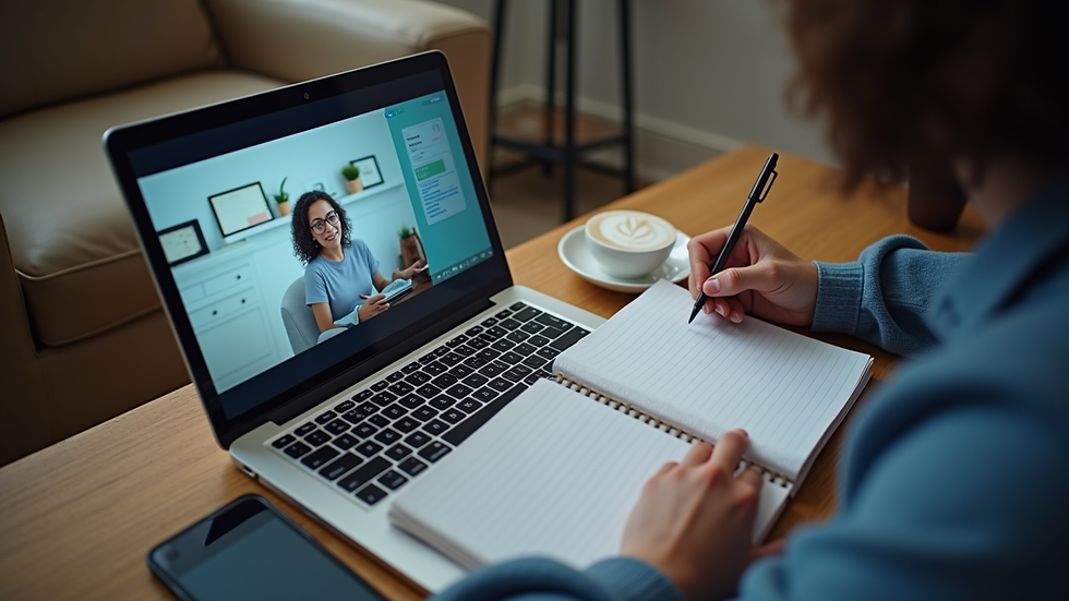 High angle view of a person writing notes while watching an online AI course