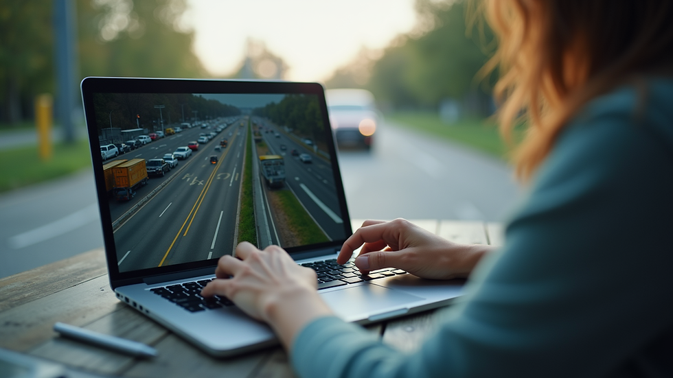 Eye-level view of a person studying traffic rules on a laptop