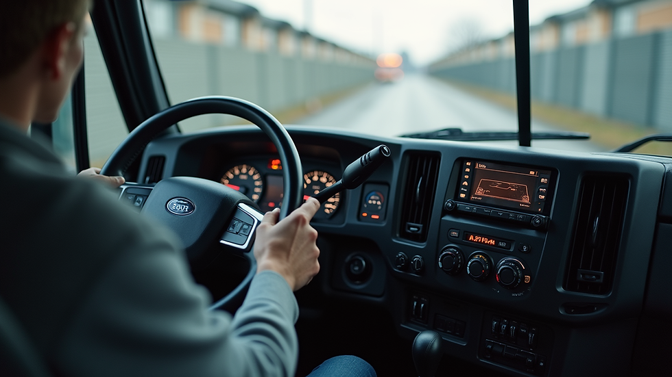 Eye-level view of a modern truck dashboard with digital controls