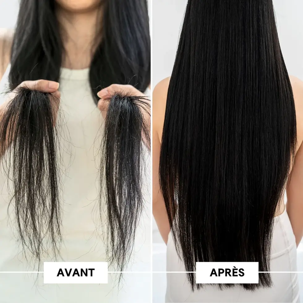 Transformation cheveux: avant/après, montrant des cheveux secs et abîmés, puis lisses et brillants.