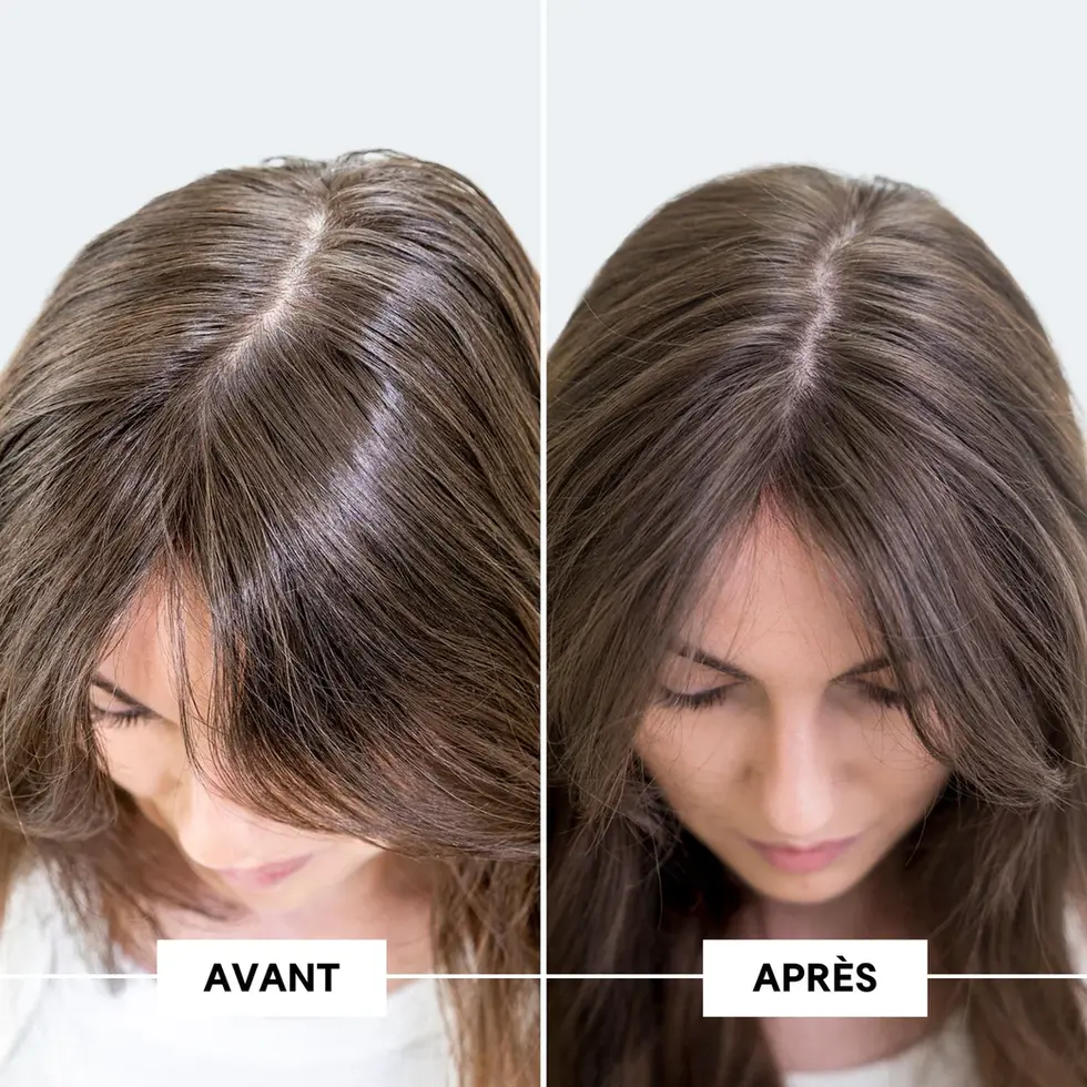 Avant/après : une femme avec des cheveux plus foncés après un traitement capillaire