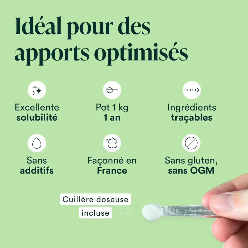 Apports optimisés : excellente solubilité, pot 1kg (1 an), ingrédients traçables, sans additifs, sans gluten, ni OGM, cuillère doseuse incluse