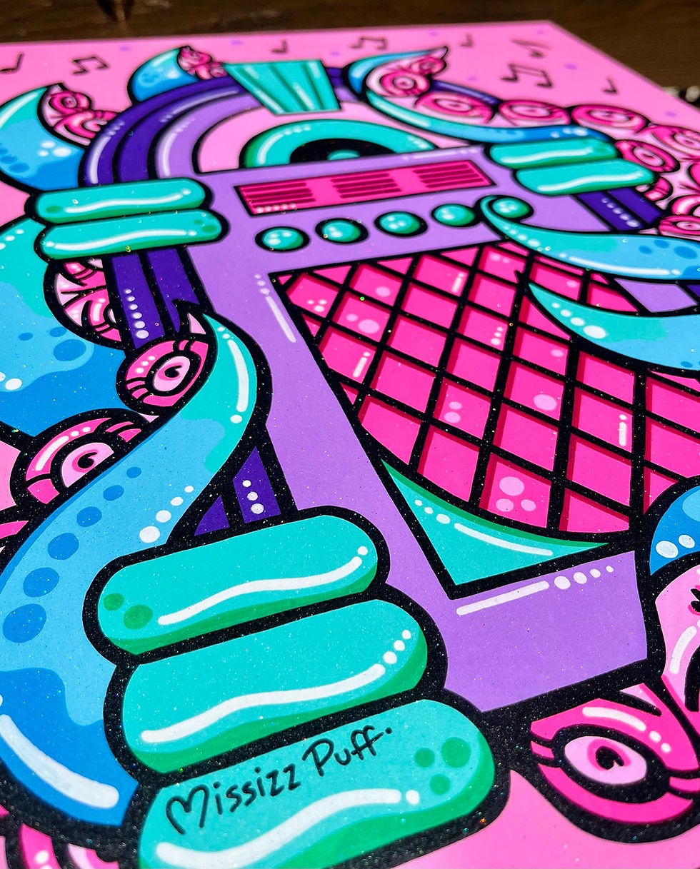 Vibrant close-up of Missizz Puff artwork featuring teal tentacles, pink grid textures, and neon cosmic details.