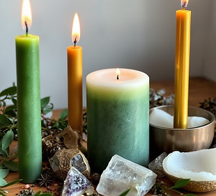 Green taper candles and Gold taper candles with herbs and crystals.jpg