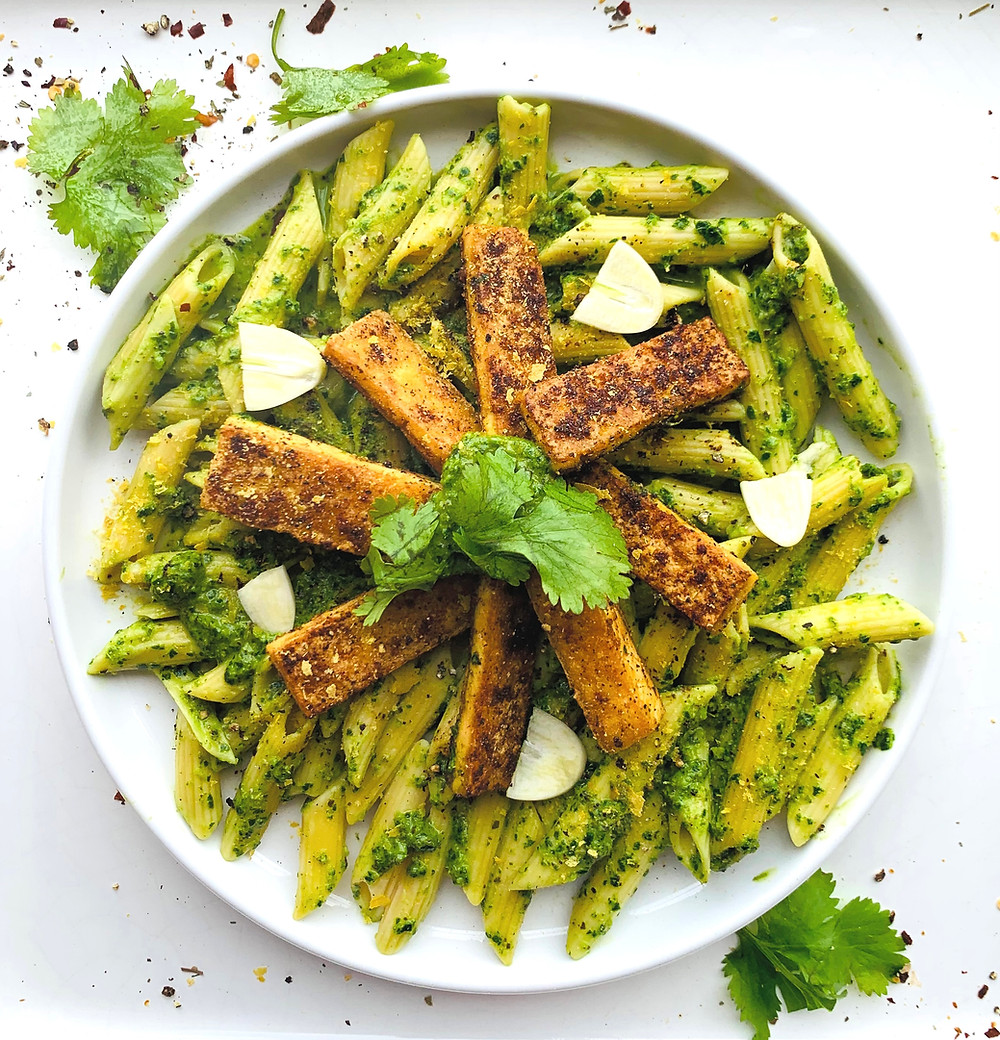 Chickpea Pasta with Collard Green Pesto & Crispy Tofu