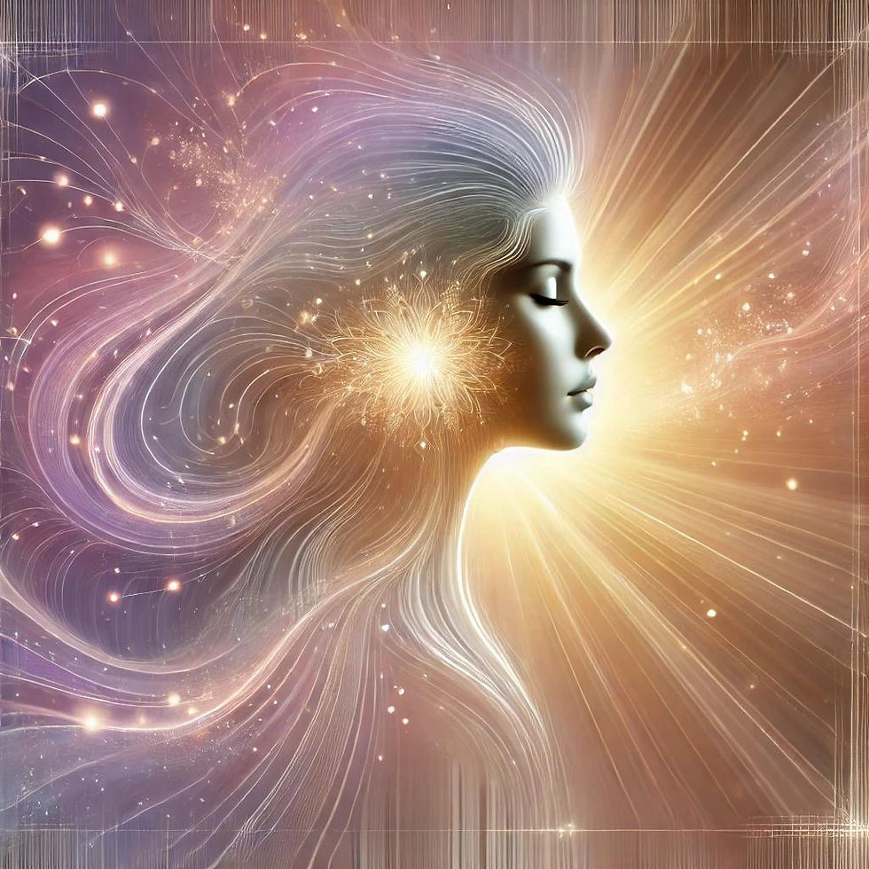 Mental et performance artistique: Profil de femme avec cheveux fluides lumineux sur fond cosmique pastel, yeux fermés, air serein. Effets lumineux et étoilés.