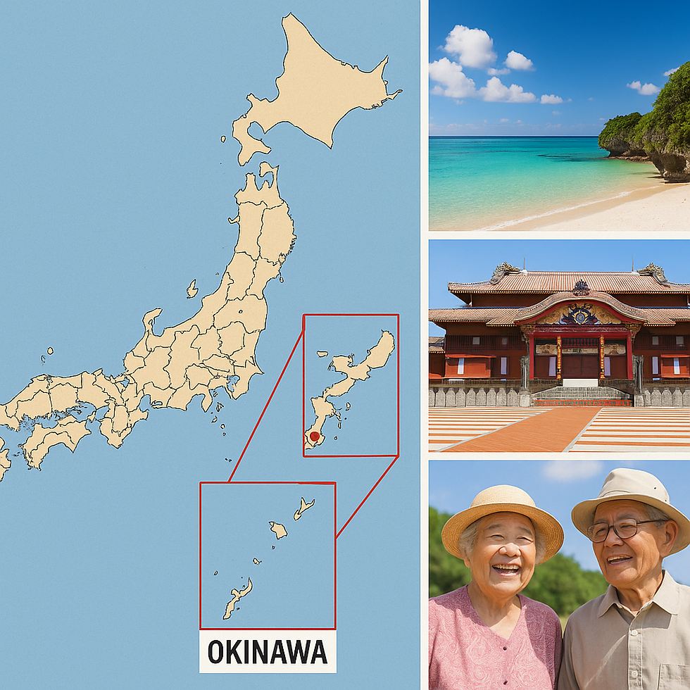 mapa do Japão, dando destaque às ilhas de Okinawa, junto à imagens mostrando uma de suas praias, um templo e um casal de idosos sorrindo