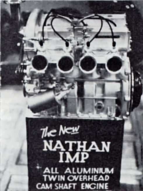 The downdraught carburation on the Nathan G.T. The engine is canted over in the opposite direction to standard.
