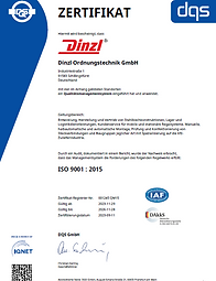 Zertifikat der Dinzl Ordnungstechnik GmbH nach ISO 9001:2015 deutsch