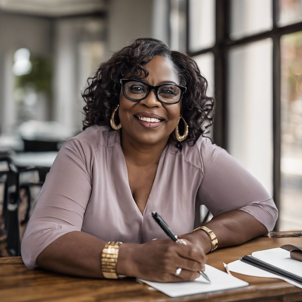 middle aged black woman sitting at table with a pen in hand wearing less funky glasses sof