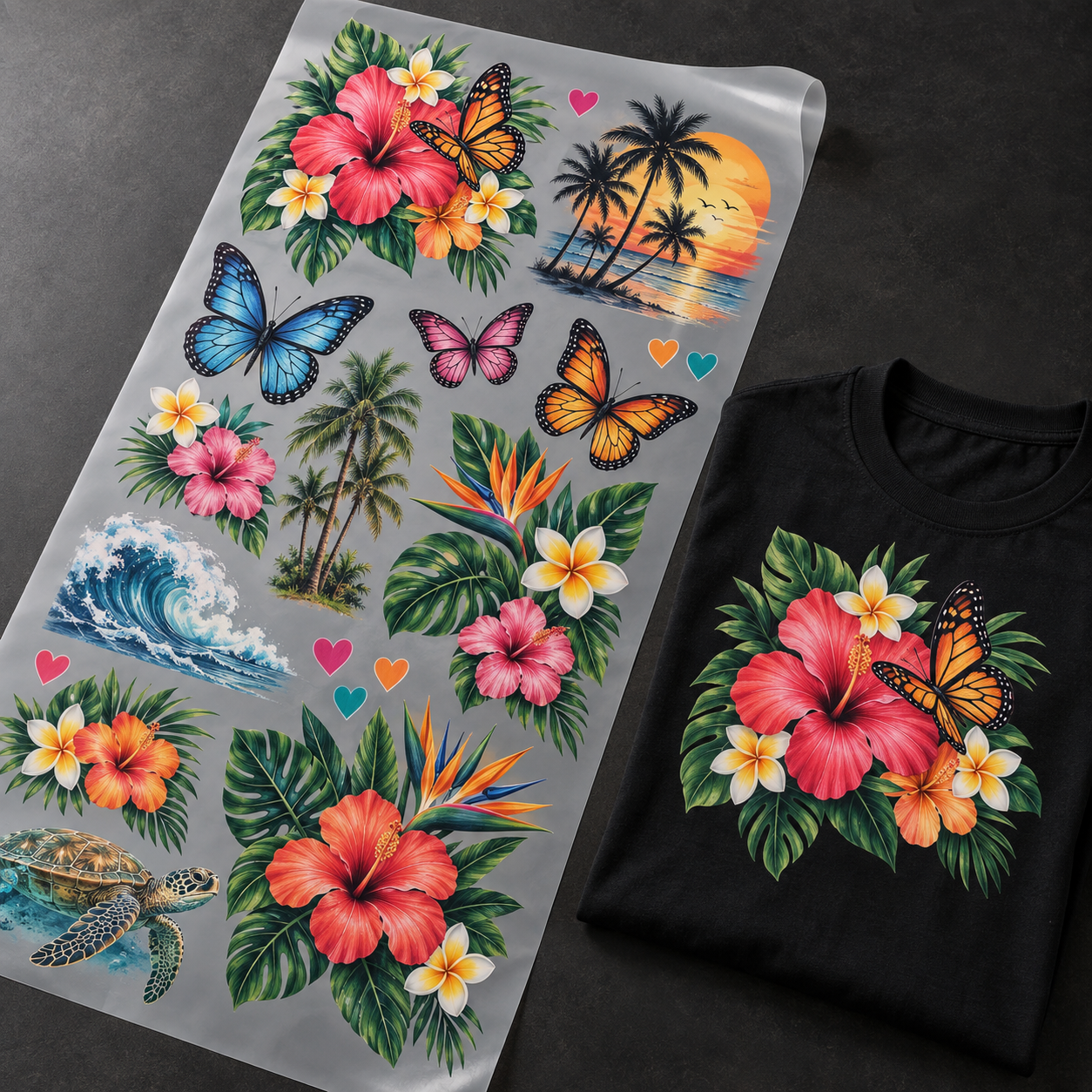 Pliego DTF con diseños tropicales y una camisa con un diseño aplicado