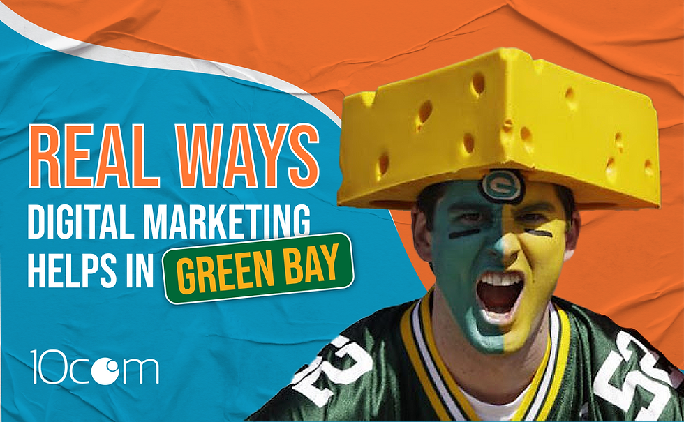 Green Bay Packers fan wearing a cheesehead hat with text overlay Real Ways Digital Marketing Helps in Green Bay” promoting 10com’s SEO and Wix web design services.