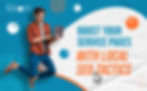 Man smiling while using laptop with blog title: Boost Your Service Pages with Local SEO Tactics
