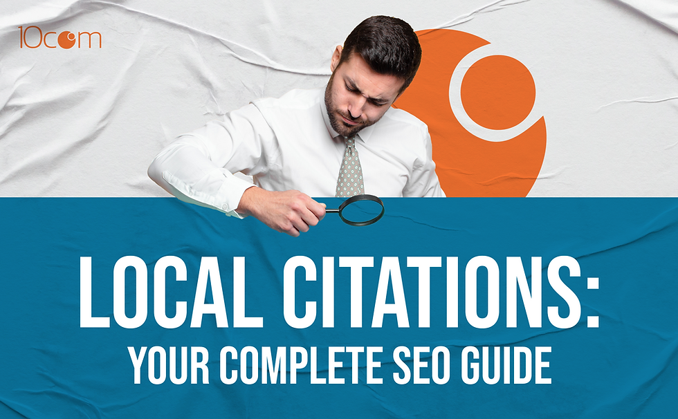 Business professional analyzing local citations for SEO with magnifying glass, showcasing 10com’s complete guide to improving Google Maps rankings.