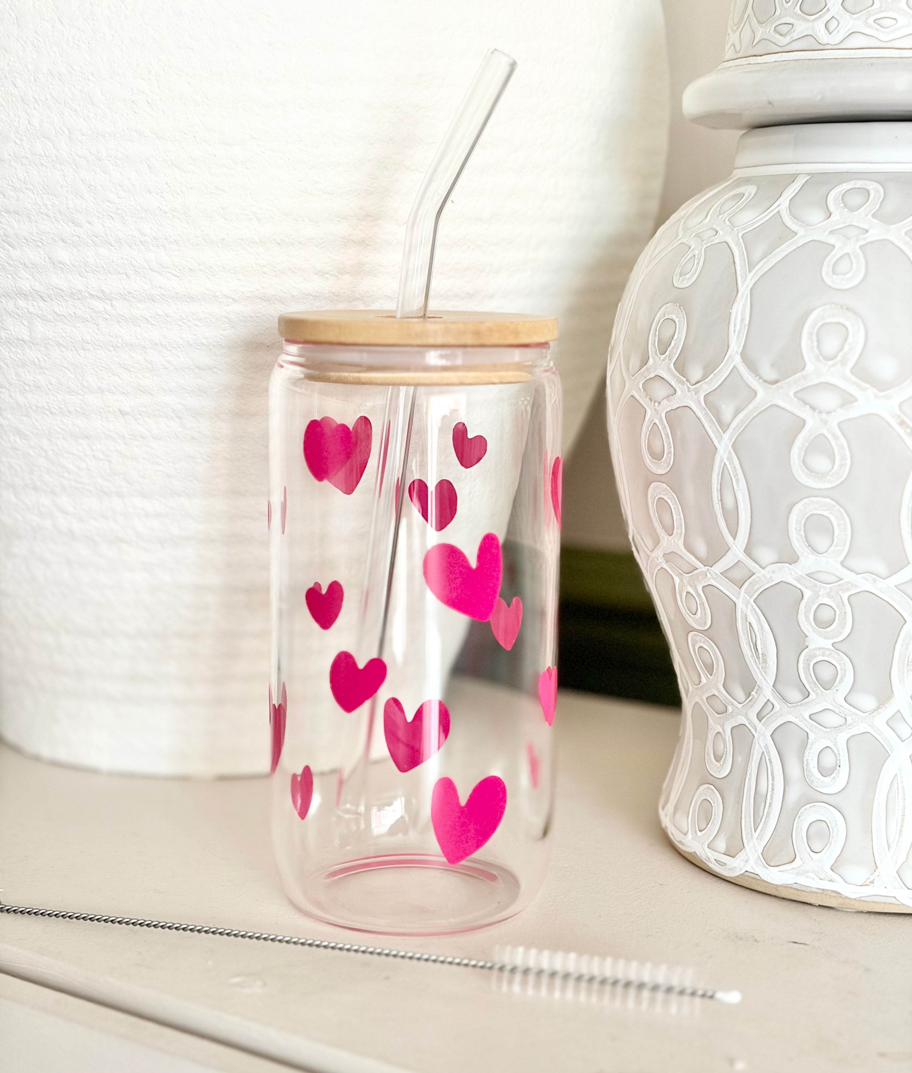 Heart Print Glass Cup with Bamboo Lid and Straw
