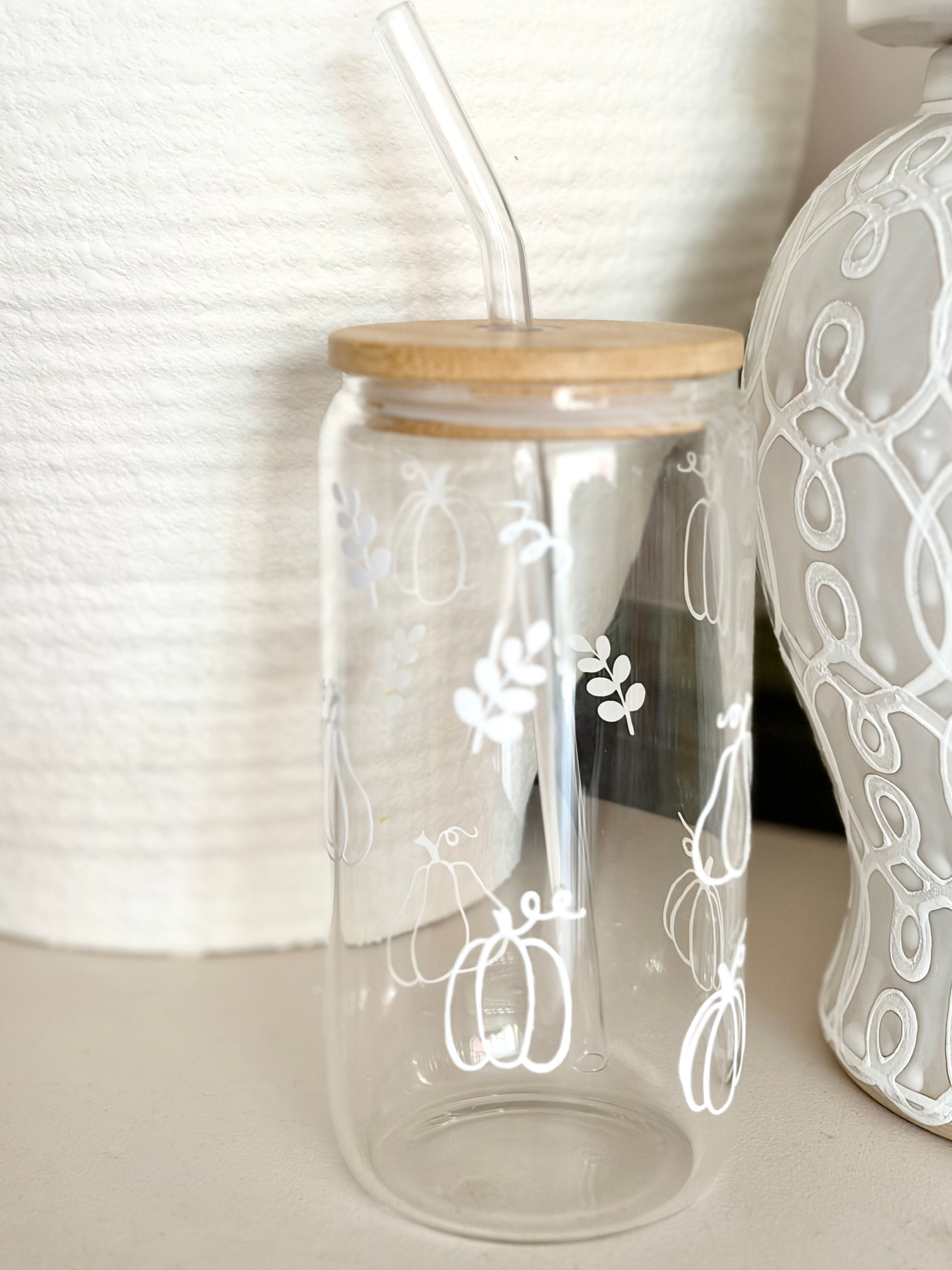 White Pumpkin Glass Cup with Bamboo Lid and Straw