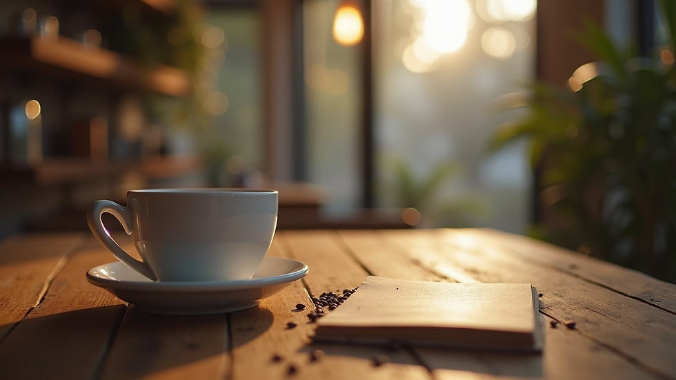 Mesa com caderno aberto, caneta e xícara de café, simbolizando planejamento e aprendizado