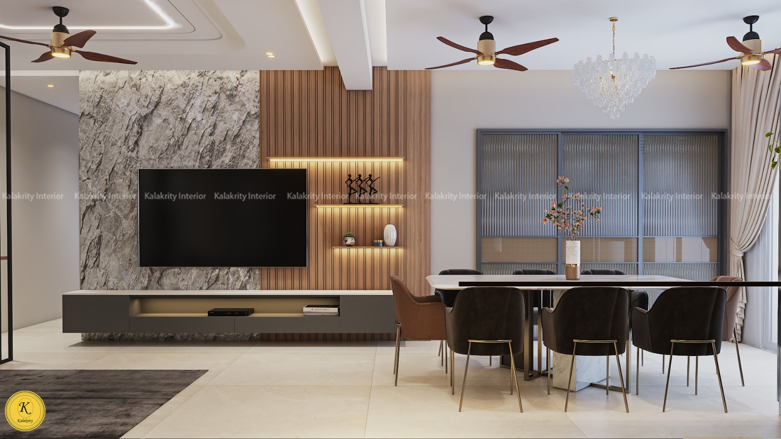 A modern and luxury living room designed by Kalakrity Interiors in Kolkata