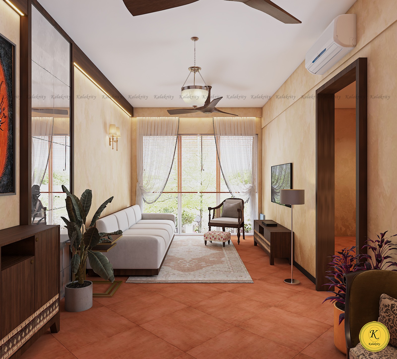 An elegant living room designed by Kalakrity Interiors in Kolkata