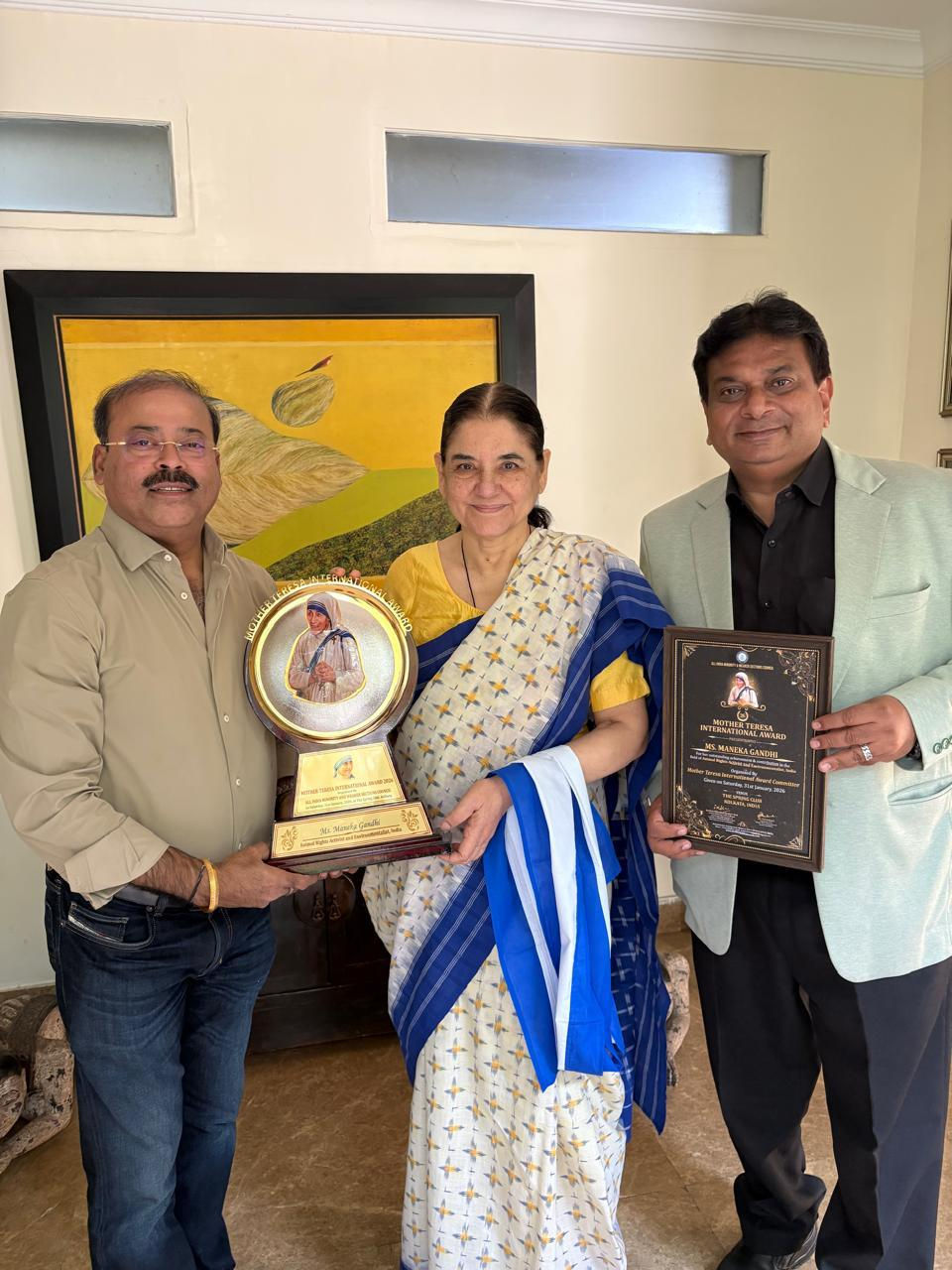 Smt. Maneka Sanjay Gandhi, founder of People For Animals and former Minister for Women and Child Development, receiving the Mother Teresa International Award 2026