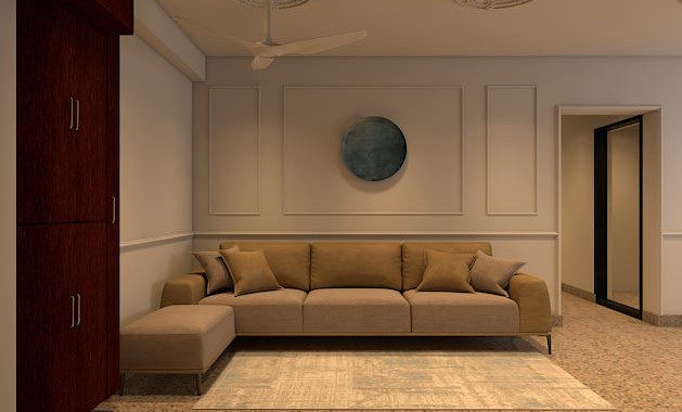  A contemporary Indian home interior showcasing a large, artistic pendant light above a marble dining table. The lighting fixture acts as a centerpiece, contrasted by minimal furniture and warm ambient lighting that emphasizes the fixture's design.